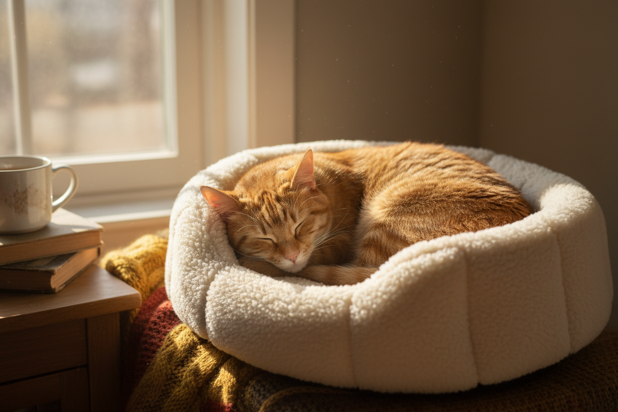 help me design an image of a beaitiful cat sleeping or standing in a good place a place that is  good for a cat to sleep like a small bed